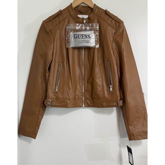 $160 GUESS Women's Faux-Leather Moto Jacket with Snap Collar Cognac Tan Size M - Picture 1 of 6